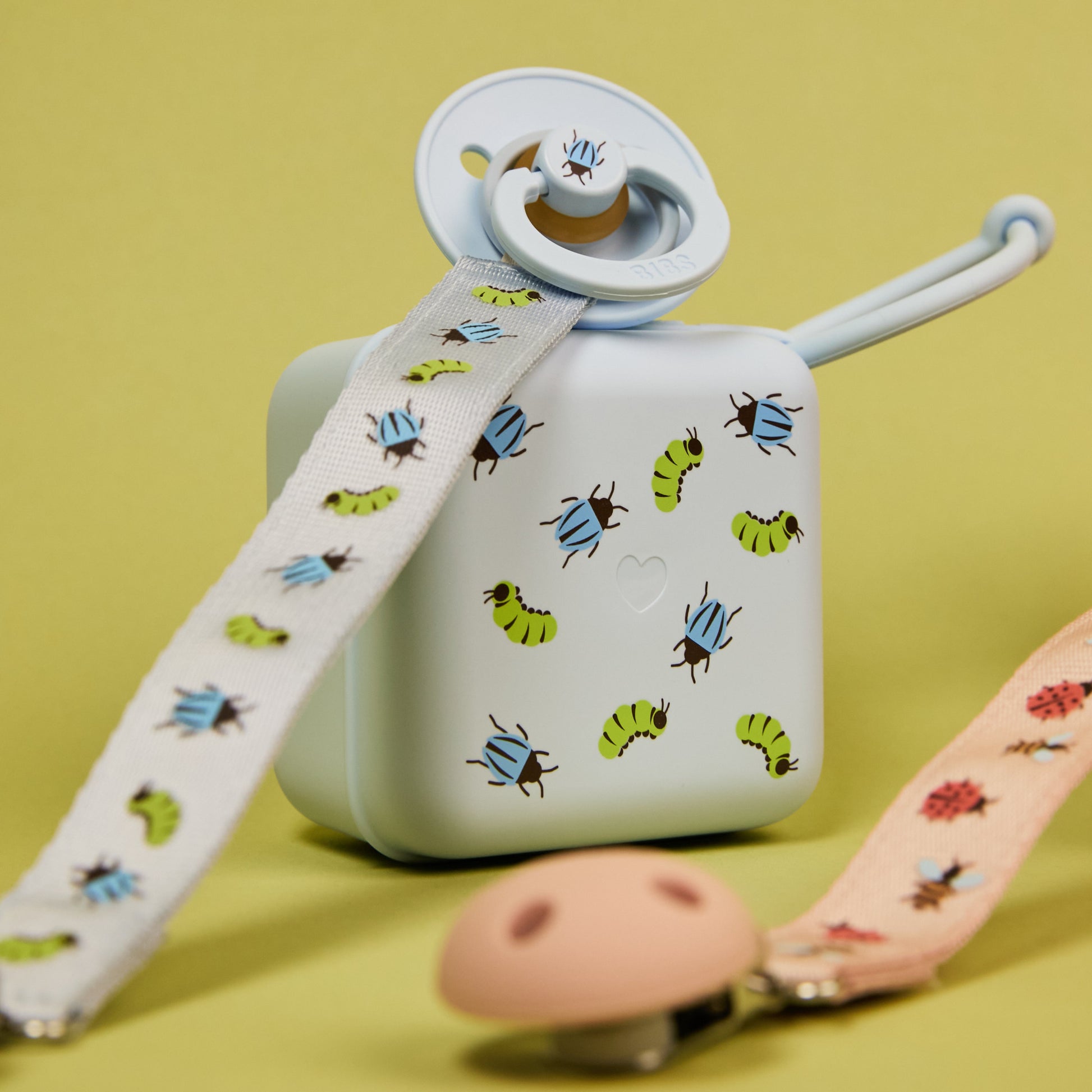 STUDIO Pacifier Clip Ribbon Caterpillar Beetle Mix - Dusty Blue