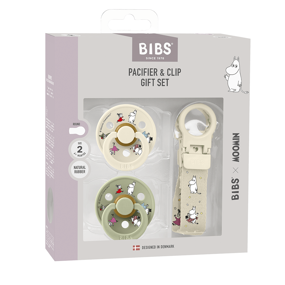BIBS x Moomin Colour Pacifier & Loop Clip Gift Set - Ivory/Sage