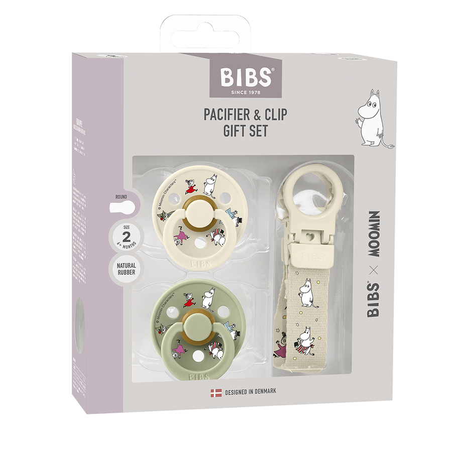 BIBS x Moomin Zestaw Prezentowy: smoczek Colour i klips z pętelką - Ivory/Sage